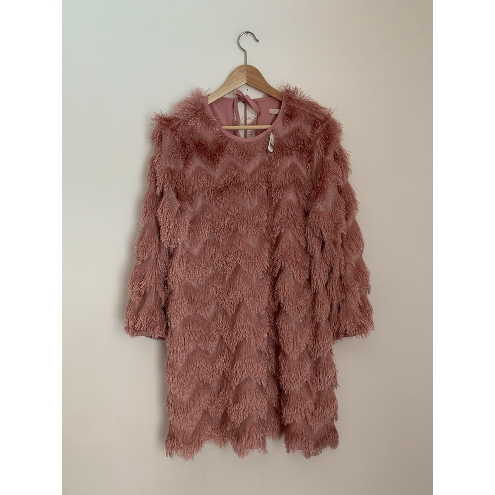 New Anthropologie Hutch Fringed Chevron Shift Dress Sz M Pink Art Drama Party